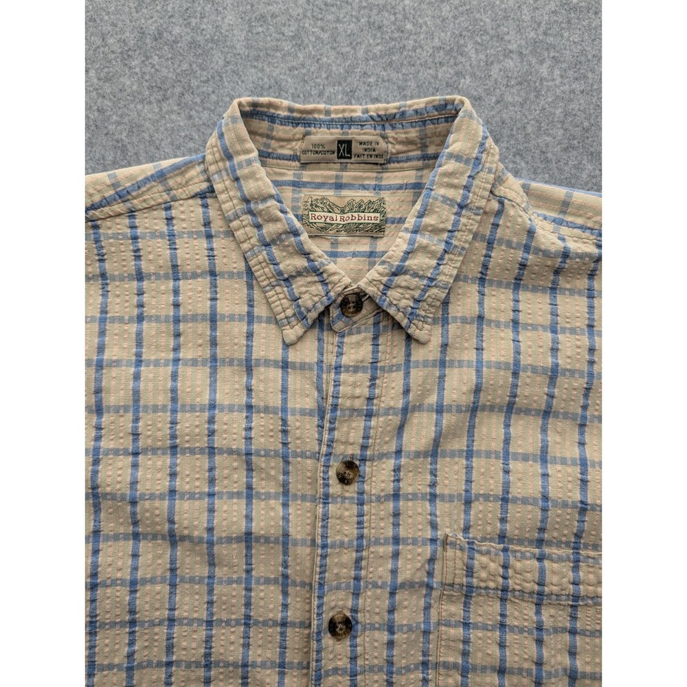 Royal Robbins Men's Seersucker Shirt XL Blue Check Button Up Short Sleeve Pocket